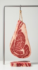 Premium Rib Eye Steak Hanging Tenderly Awaiting Culinary Transformation: A Gourmet Butcher's Showcase