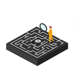 복잡한 미로에서 어떻게 대처해야할까 돋보기를 가지고 고민하고 있는 그림