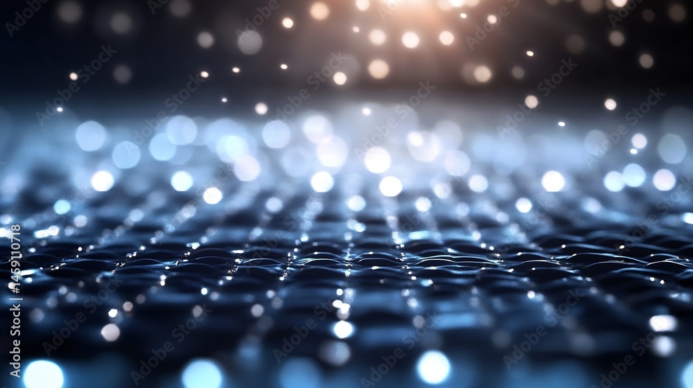 Aufkleber Abstract dark blue water surface with bokeh lights, creating a serene and mysterious atmosphere.  Ideal for backgrounds or design projects needing a sophisticated, elegant feel. : Generative AI