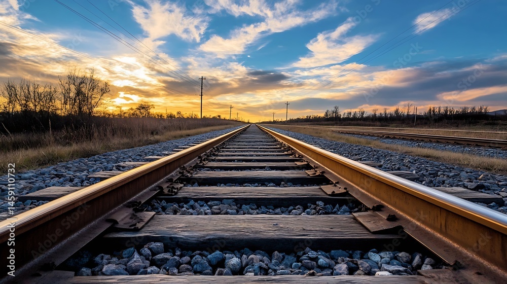 Poster sunset view along a railway track extending towards a vibrant horizon, showcasing a picturesque land