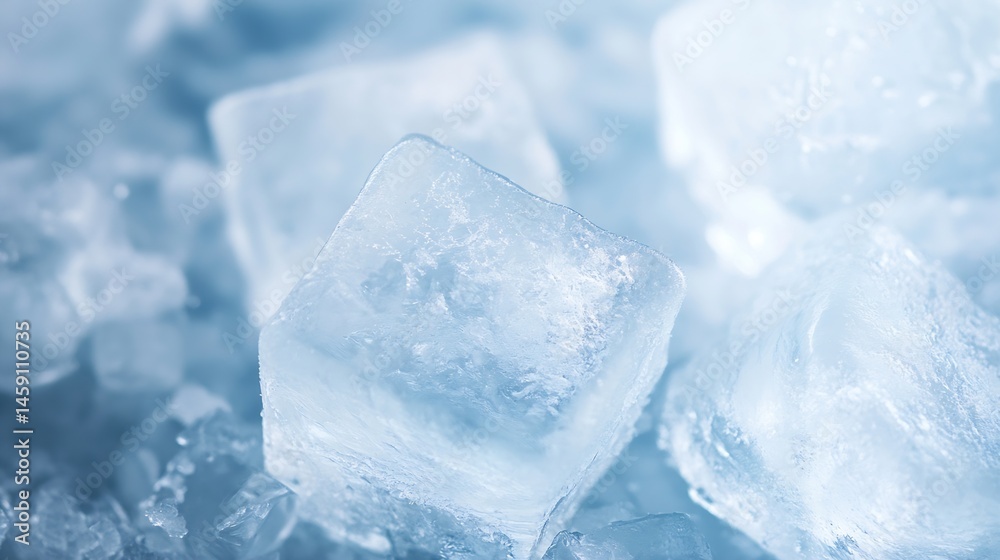 Poster Close-up view of numerous translucent ice cubes, exhibiting a frosty texture and cool blue hues, creating a refreshing and pristine visual. : Generative AI