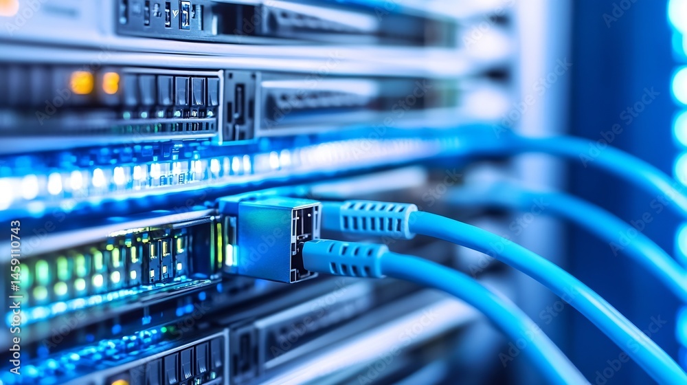 Poster close-up view of fiber optic cables connected to a server rack, showcasing blue cables and glowing l