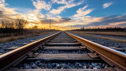 Sunset view along a railway track extending towards a vibrant horizon, showcasing a picturesque landscape with a serene atmosphere. : Generative AI
