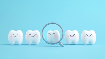 Playful dental character sequence, magnifying glass inspection poses, happy smiling faces, rosy cheeks, minimalist design, powder blue backdrop, children educational style