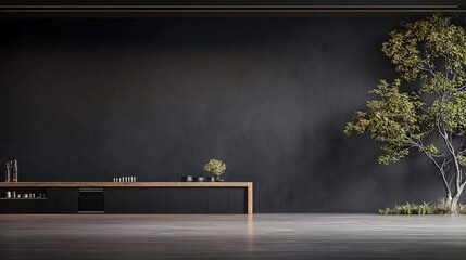 Modern interior design with dark accents and a minimalist style.