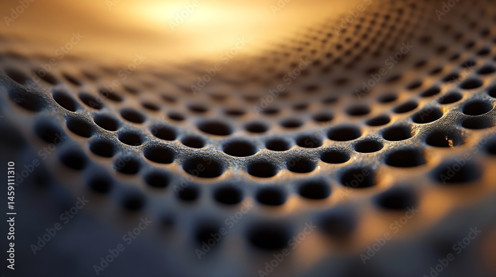 Aufkleber Close-up view of a dark, textured surface with a pattern of regularly spaced circular holes, illuminated by warm, golden light creating depth and shadow. : Generative AI