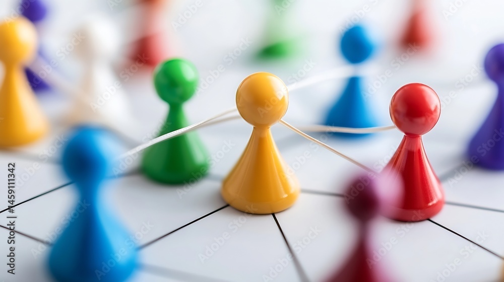 Poster Colorful game pieces connected by thin strings, representing a network or collaboration.  Close-up view emphasizing the vibrant colors and intricate connections. : Generative AI