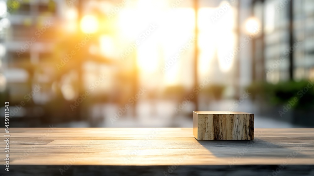 Leinwandbilder wooden block on table, urban sunset bokeh background. perfect for product display or minimalist desi