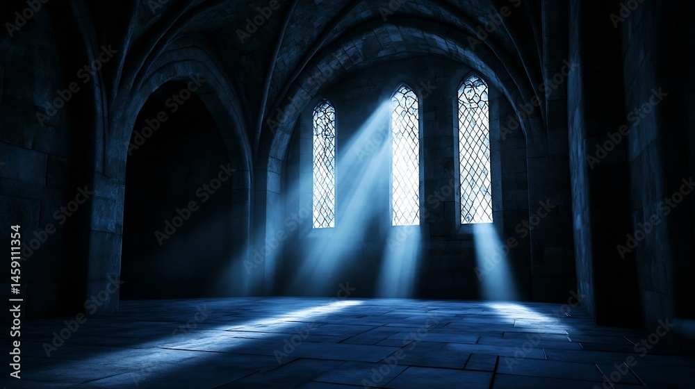 Poster sunbeams illuminate a gothic stone hall's interior, three arched windows casting ethereal light on t