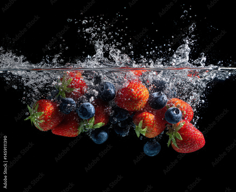 Aufkleber Fresh strawberries and blueberries splashing into water against a black background, creating a vibrant and dynamic image perfect for food and beverage advertising.