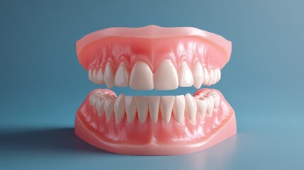 Fototapeta premium Hyper realistic dental model, anatomically correct teeth arrangement, pristine white enamel surface, healthy pink gums texture, soft blue backdrop, volumetric lighting, professional 3d rendering,