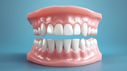 Obraz premium Hyper realistic dental model, anatomically correct teeth arrangement, pristine white enamel surface, healthy pink gums texture, soft blue backdrop, volumetric lighting, professional 3d rendering,