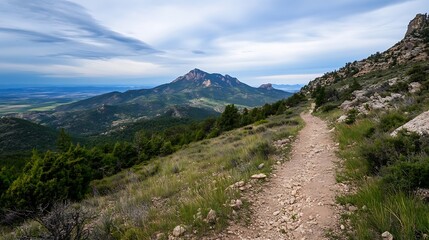 Scenic mountain trail winding through grassy hills towards a majestic peak under a partly cloudy sky, offering a breathtaking panoramic view of the valley below. : Generative AI