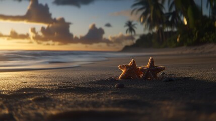 Two starfish on a golden beach at sunset