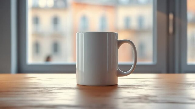 Mug Mockup positioned on a table near a window. Ideal for adding your quotes and designs.