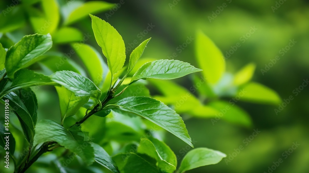 Poster close-up view of vibrant green leaves on a branch, showcasing the intricate details of their texture