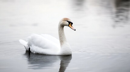 Fototapeta premium Elegant white swan gracefully gliding on calm water, its reflection mirrored in the tranquil surface, a serene and peaceful scene of wildlife. : Generative AI