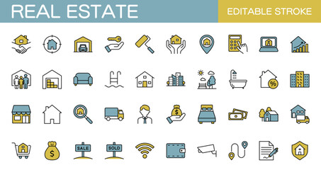 Colored real estate icon set. Vector illustration, editable stroke