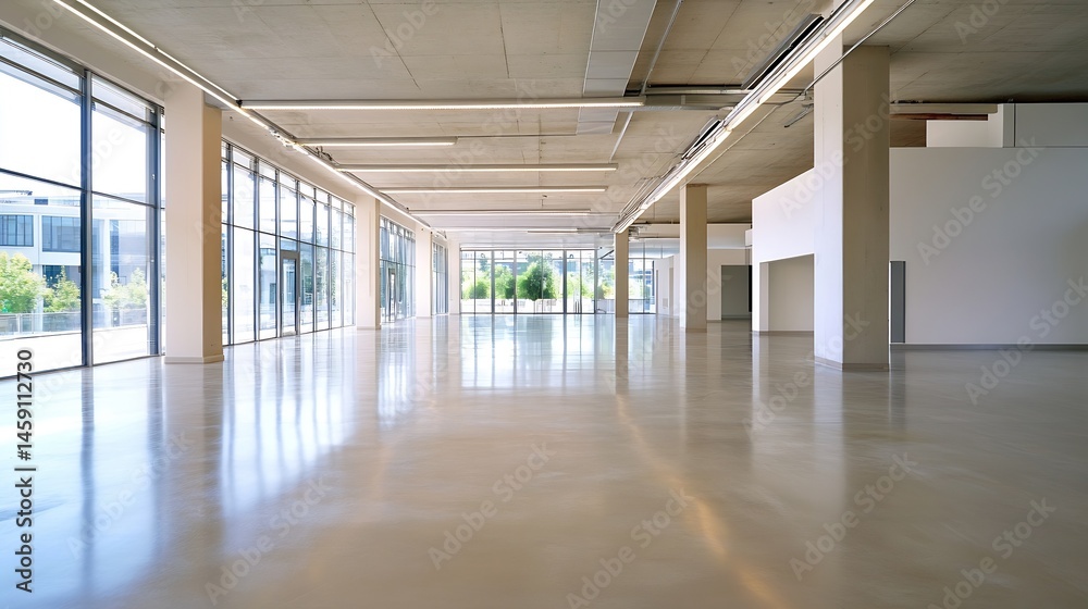 Poster spacious modern office interior with large windows, polished concrete floor, and minimalist design. 