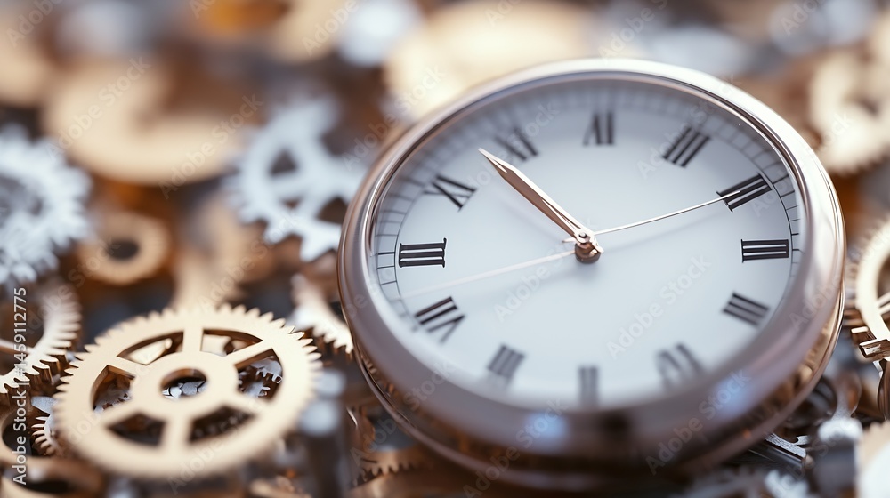 Poster close-up of a classic pocket watch with roman numerals, nestled amongst intricate golden gears, sugg