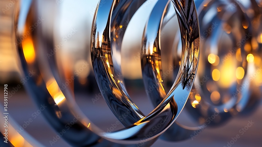 Poster abstract metallic rings reflecting cityscape sunset, showcasing intricate curves and warm golden lig