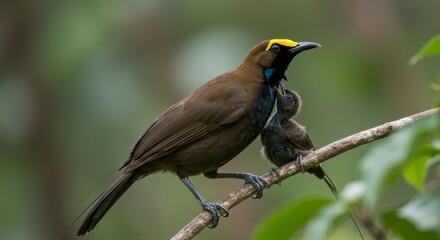 Fototapeta premium A nurturing bird of paradise holding a chick.