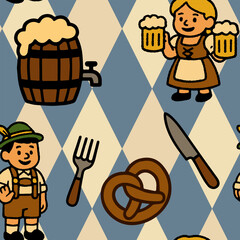 Colorful seamless background with traditional Oktoberfest symbols in naive flat style. Perfect for seasonal design, menus and festive decoration.