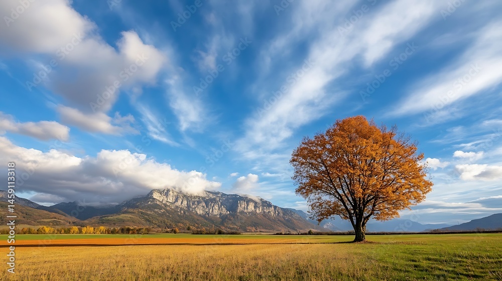 Poster solitary autumn tree in vibrant golden foliage stands majestically against a backdrop of majestic mo