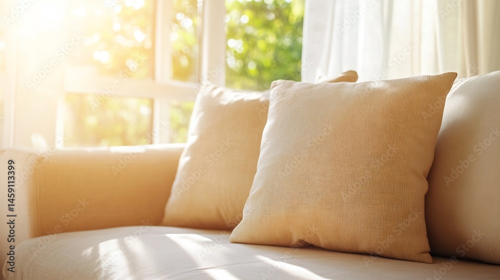 Poster beige pillows resting on a light beige couch, bathed in warm sunlight streaming through a nearby win