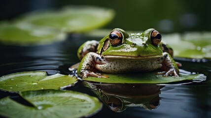 A vibrant green frog perched gracefully on a lily pad in a serene pond with water reflections visible