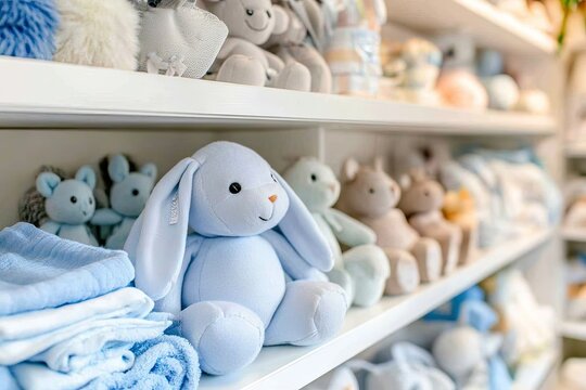 Baby toys and blankets on shelves (1)