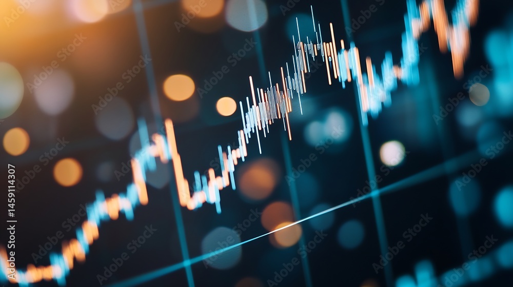 Poster Abstract Stock Market Data Visualization: Dynamic Blue and Orange Candlestick Chart on a Dark Screen with Bokeh Lights. : Generative AI