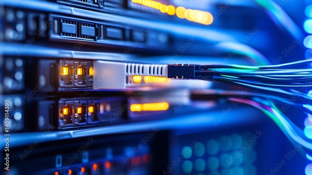 Aufkleber close-up view of network server hardware, showing fiber optic cables connected to illuminated ports,