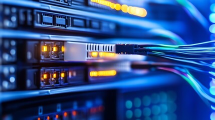 Close-up view of network server hardware, showing fiber optic cables connected to illuminated ports, in a data center environment. : Generative AI