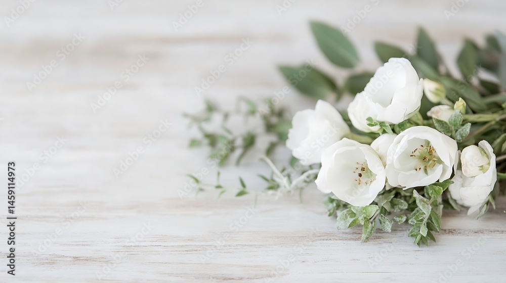 Poster Delicate white flowers arranged on a rustic white wooden surface, creating a serene and elegant floral composition. : Generative AI