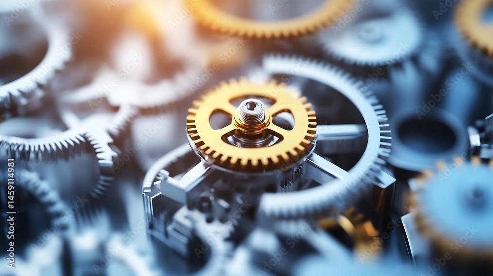 Poster Close-up view of intricate metallic gears, showcasing precision engineering and complex mechanisms.  Gold and silver cogs interlock, suggesting teamwork and industrial processes. : Generative AI