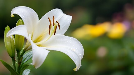 Fototapeta premium Close-up of a pristine white lily flower, glistening with morning dew, its petals elegantly curved, showcasing delicate stamens and buds. : Generative AI
