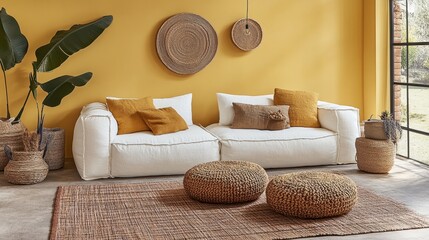 Mustard yellow accents with a cream sofa and textured cushions for a playful look
