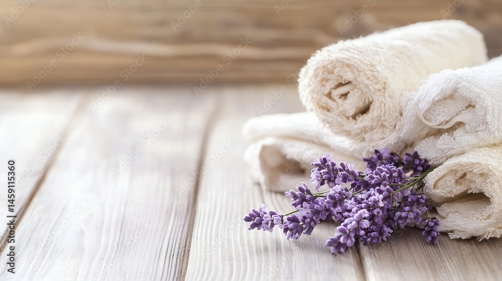 Leinwandbilder Spa setting with rolled towels and lavender flowers on a rustic wooden surface, creating a calming and relaxing atmosphere. : Generative AI