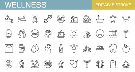 Wellness icon set. Spa, gym, yoga, massage, diet, exercise, wellbeing. Editable stroke. Vector illustration