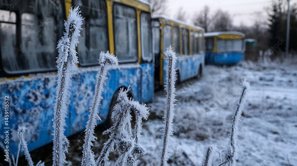 Aufkleber frost-covered plants in the foreground with blurred, abandoned buses in the background, creating a w