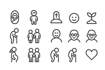 Vector illustrations depicting the stages of life from birth to elderly including symbols of family, growth, and love