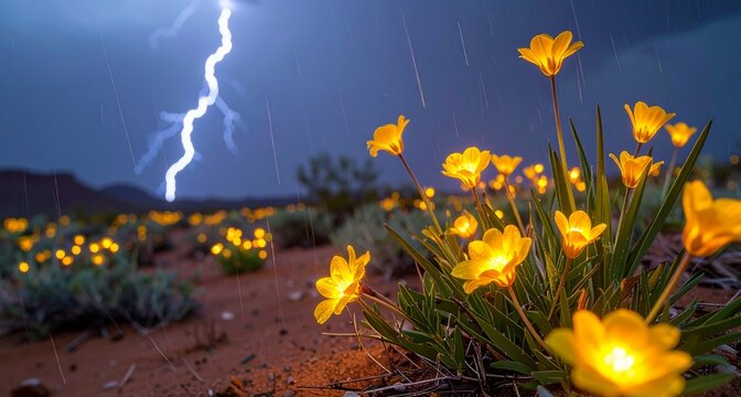 Heavy rainstorm in desert causing instantaneous blooming of luminous flowers