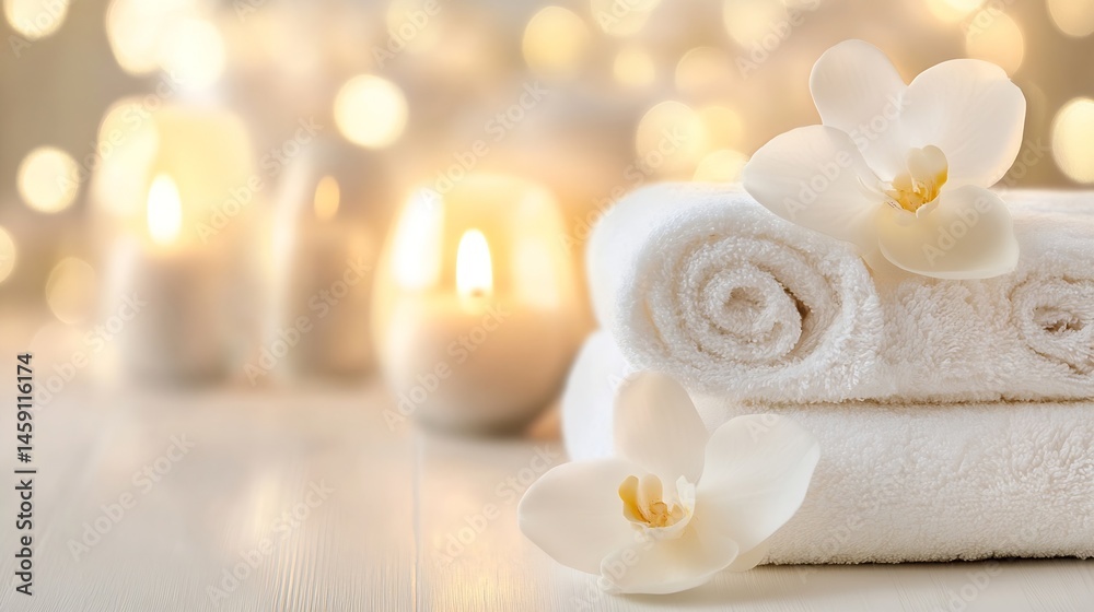 Aufkleber Spa serenity: Soft white towels neatly rolled, adorned with delicate orchids, rest on a light wooden surface, illuminated by a warm candlelight glow. : Generative AI