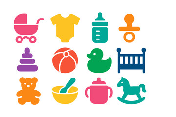 Colorful vector illustration of baby items showcasing essential childhood toys and gear for infants and toddlers