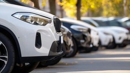 Fototapeta premium Close-up view of a white SUV's front end, parked amongst other vehicles on a city street, bathed in the warm light of autumn. : Generative AI