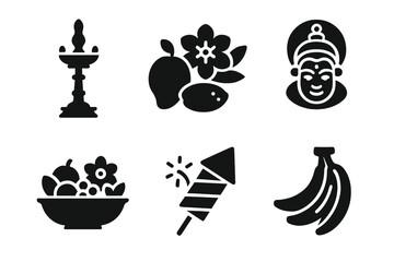 Vector illustration of festive icons featuring a lamp, fruits, a deity, a firework, and bananas for celebrations and cultural events