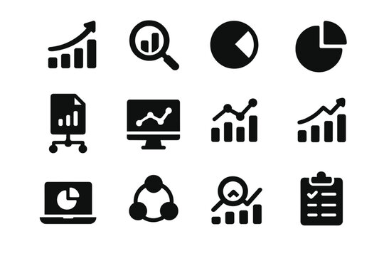 Vector illustration icons showcasing various data analysis components including graphs, charts, and reports used in business presentations