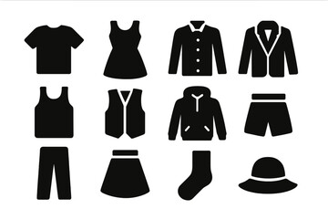 Black vector illustration of various clothing items and accessories in a simple grid layout for fashion design concepts