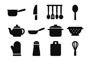 Icons depicting various kitchen utensils and cookware in a black vector illustration for cooking enthusiasts and culinary designers